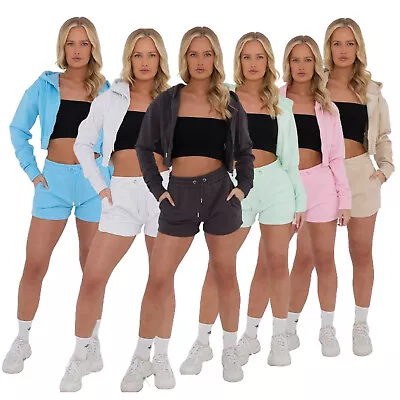 Buy Ladies Hoodie Tracksuit Outfits Shorts Sets Long Sleeve Zip Crop Top 2pcs Hooded • 20.99£