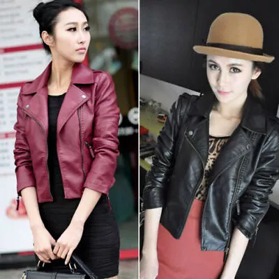Buy Women' Faux Leather Biker Jacket Ladies Stand Collar Coat Zip Outwear Size 6-16 • 18.35£