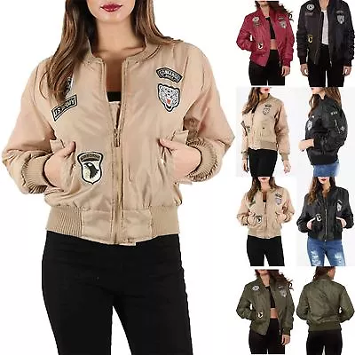 Buy Womens Ladies Zip Up Army Badges MA1 Classic Padded Airforce Biker Bomber Jacket • 7.24£