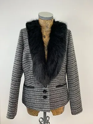 Buy MARKS AND SPENCER BLAZER JACKET Detatchable Fur Collar Uk 12 Wool Grey Black • 20.23£