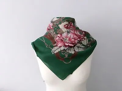 Buy Vintage  Head Scarf 31 Inch Square Green Pink Red Flowers Pattern • 6£