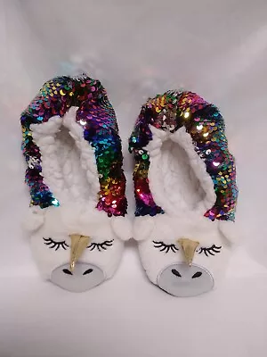 Buy Kids/girls Sequin Unicorn Sherpa Lined Non-slip Slippers Size 3 • 5.54£