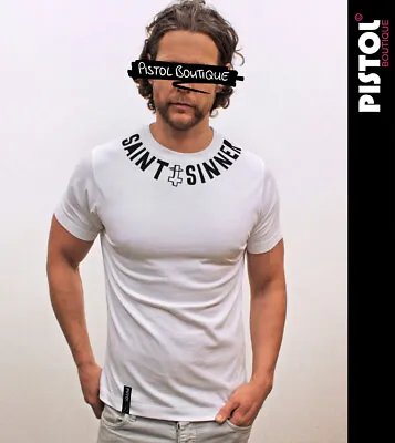 Buy Pistol Boutique Men's White Crew Neck SAINT & SINNER CROSS Chest Slogan T-shirt • 22.49£