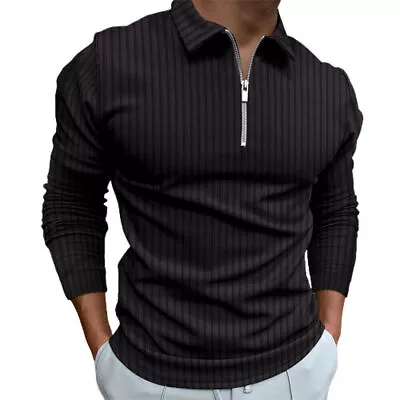 Buy Mens Ribbed Muscle Stretch Slim Long Sleeve T-Shirt Casual Zip Muscle Tops UK • 21.19£