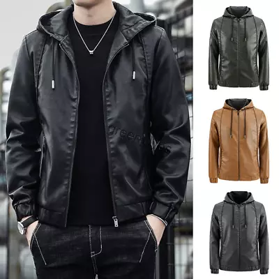 Buy Mens PU Leather Black Jacket Hooded Biker Coat Zip Pockets Slim Casual Tops • 30£