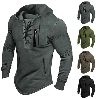 Buy Mens Lace Up Pullover Hoodie Hooded Sweatshirt Plain Zip Long Sleeve Jumper Tops • 3.79£