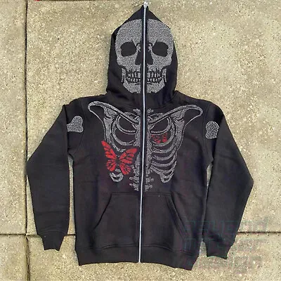 Buy Y2K Skeleton Skull Sparkly Full Zip Up Hoodie. Gothic. Rhinestones. Butterfly. • 29.50£