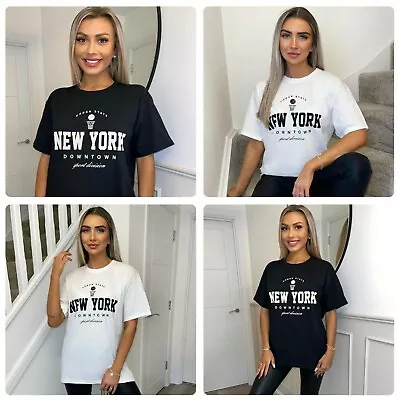 Buy Ladies Women's New York Downtown Slogan Short Sleeve T-Shirt Tee Top Sizes 8-26 • 8.95£