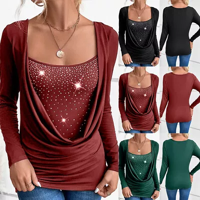 Buy Womens Sexy Double Layer Tunic Tops Ruched Long Sleeve Xmas Party T Shirt Blouse • 13.19£