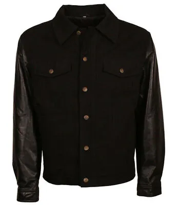 Buy Mens Black Leather Denim Jacket With Genuine Leather Sleeves • 123.43£
