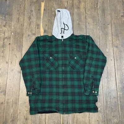 Buy Vintage Hooded Over Shirt Checkered Fleece Lined 90s Full Zip, Green, Mens XL • 30£