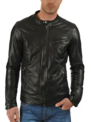 Buy Men's Genuine Lambskin Leather Jacket Slim Fit Biker Motorcycle Jacket - MJA012 • 109.90£