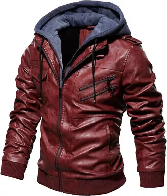 Buy Jackets For Men Casual Cowhide PU Leather Hooded Autumn Winter Coats XXL • 21£