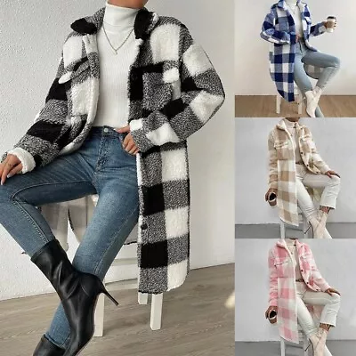Buy Trendy Womens Warm Fleece Plaid Jacket Tartan Check Shacket Trench Coat • 40.80£