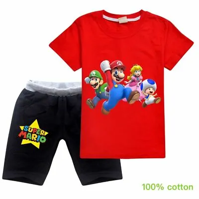 Buy 2PC Boy Girl Super Mario Cotton 100% Short Sleeve T-shirt+Pant Clothing Set Gift • 15.32£