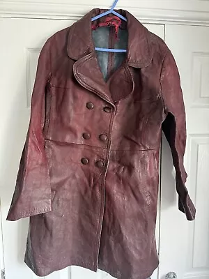 Buy VINTAGE 70s Leather Burgundy Trench Coat Jacket SMALL • 80£