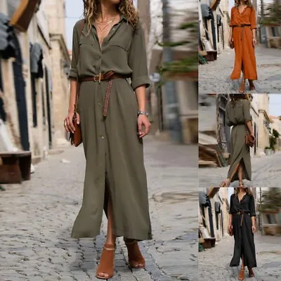 Buy Womens Button Down Maxi Dress Ladies Long Sleeve Casual Belted OL Shirt Dress • 4.99£