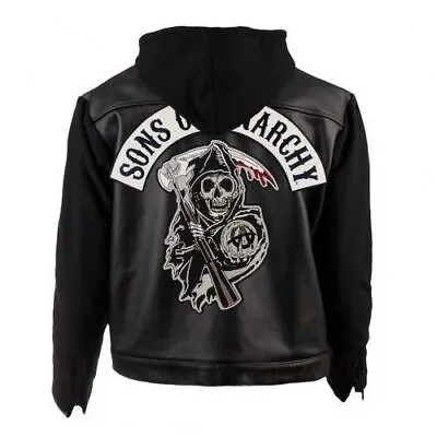 Buy Sons Of Anarchy Hooded Real Leather Jacket Men Black Motorcycle Biker Jacket • 29.33£