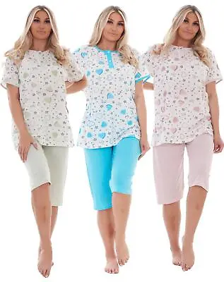 Buy Plus Size Capri Pyjama Set Heart Printed Short Sleeve Buttons Cotton 4XL To 6XL • 13.95£