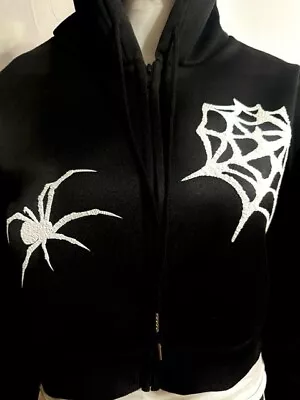 Buy Black Lightweight Lady Long Sleeves Crop Top Hoodie Spider/web Goth Puff Prints • 12.54£