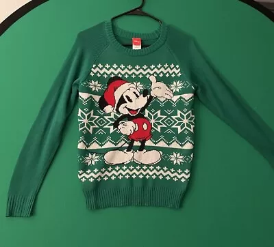 Buy Disney Women’s Size Small Mickey Mouse Santa Hat Christmas Sweater Green • 13.97£