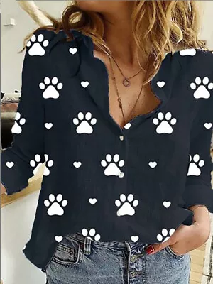 Buy Black Paw Print Shirts Button Lapel Cardigan Top Lady Loose Long Sleeve • 26.45£