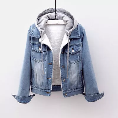 Buy Winter Womens Denim Jacket Mid Blue Wash Pullover Hoodie Sweatshirt Jumper • 19.55£