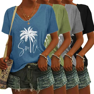 Buy Pullover Tops T-Shirt Tunic Blouse Tees V-neck Short Sleeve Loose Coconut Print • 13.43£