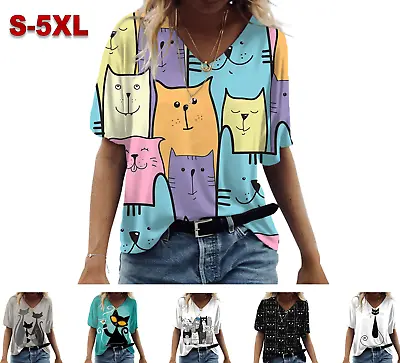 Buy Short Sleeve Tops With Cute Cats Summer Kawaii Fashion T-Shirt Casual Tees • 13.46£