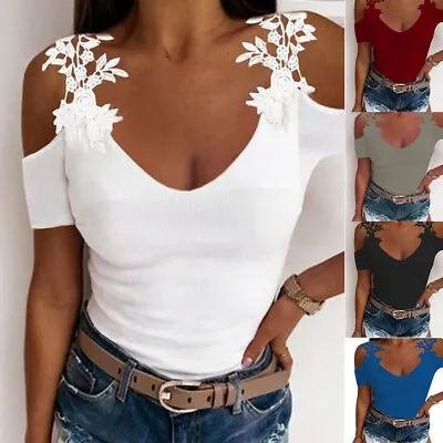 Buy Womens Sexy Lace V-Neck Tops Ladies Cold Shoulder Slim T-Shirt Blouse Size 6-16 • 5.19£
