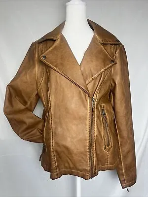 Buy NWTMax Studio Jacket Womens Medium Brown Faux Leather Moto Zip Up Casual Classic • 24.62£