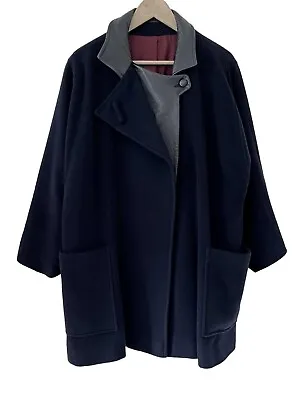 Buy Vintage 90s House Of Fraser Navy Coat - Size 16 18 Cashmere Wool Leather Jacket • 44.95£
