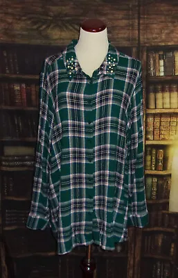 Buy D&Co. Top Blouse Size 1X Green Plaid Womens Long Sleeve Button Up Studded Collar • 12.30£
