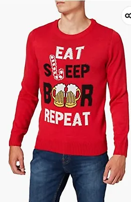 Buy The Christmas Workshop Eat Beer Repeat Jumper Red Size Large • 14.95£