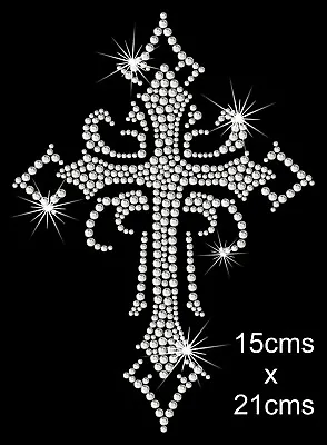 Buy Large Iron On Gothic Rhinestone Cross Transfer - Crystal T Shirt Motif Design   • 6.50£