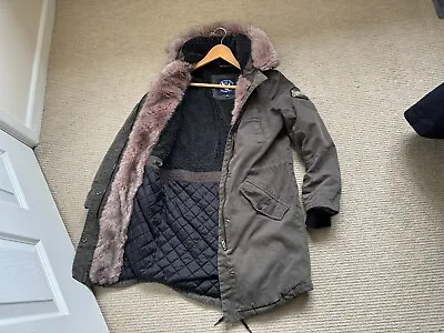 Buy Womens Superdry Dark Green Parka Jacket Hooded Fleece Coat Uk 8 Small Mod Fur • 29.99£