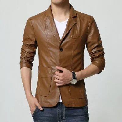 Buy Men's PU Leather Jacket Slim Fit Casual Lapel Blazer 5 Colors Coat Spring Thin • 58.66£