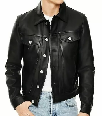 Buy Men's Genuine Sheepskin Black Trucker Leather Shirt Jean Style Leather Jacket • 15£