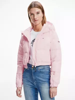 Buy Tommy Jeans Cropped Jacket Size 12 Puffer Hooded Pink Padded Winter Coat • 57.99£