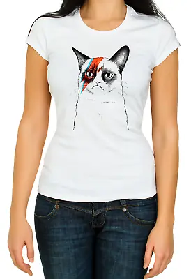 Buy Grumpy Cat Musician Artist, Cats David Bowie 3/4 Short Sleeve Woman T Shirt K780 • 9.69£
