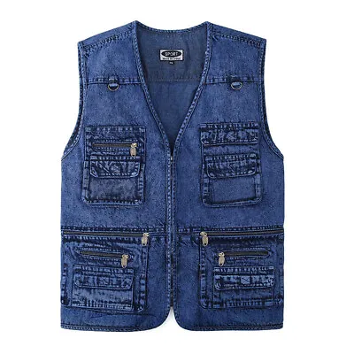 Buy Men Vest Outerwear Denim Waistcoat Sleeveless Jacket Multi-pocket Trucker Jacket • 16.99£