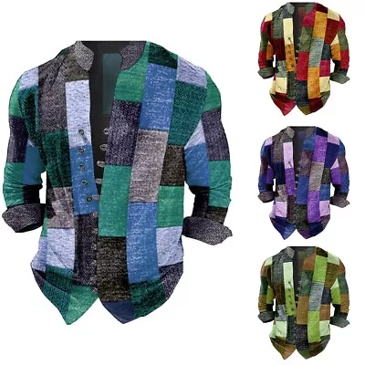 Buy Unique Stonewashed Grandad Shirt With Patchwork Festival Clothing For Men • 22.96£
