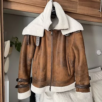 Buy ZARA Men’s Faux Sherpa Sheepskin Jacket Short Zip Coat Brown (Large) • 18£