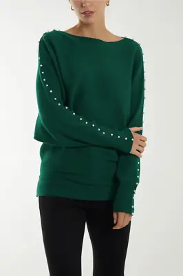 Buy New Women Green Boat Neck Bat Wings Silver Pearls Jumpers. More Colors. S/M M/L • 34.99£