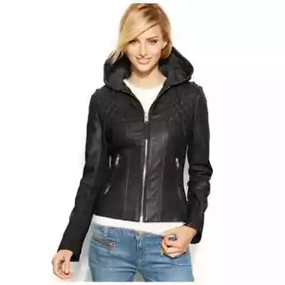 Buy Michael Kors Buttery Soft Black Leather Quilted Hooded Moto Jacket Size PS • 118.39£