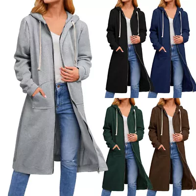 Buy Women Ladies Long Hooded Hoodie Zip Up Pocket Jumper Fleece Coat Sweatshirt Tops • 19.39£
