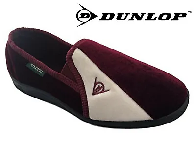 Buy Mens Dunlop Full Slippers Velour Two-Tone Twin Gusset Comfy Warm Burgundy Cream • 13.99£