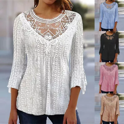 Buy Womens Lace Autumn Tunic Tops Ladies 3/4 Sleeve Casual T Shirt Blouse Size 6-16 • 3.29£