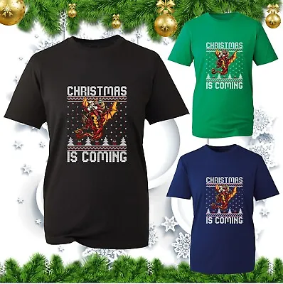 Buy Christmas Is Coming T-Shirt Santa Claus On A Flying Dragon Ugly Xmas Gift Top • 9.99£