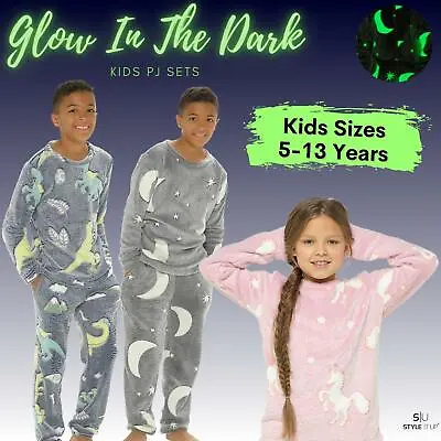 Buy Kids Boys Girls Glow In The Dark Pyjama Set Soft Warm Fleece Unicorn Dinosaur PJ • 12.99£